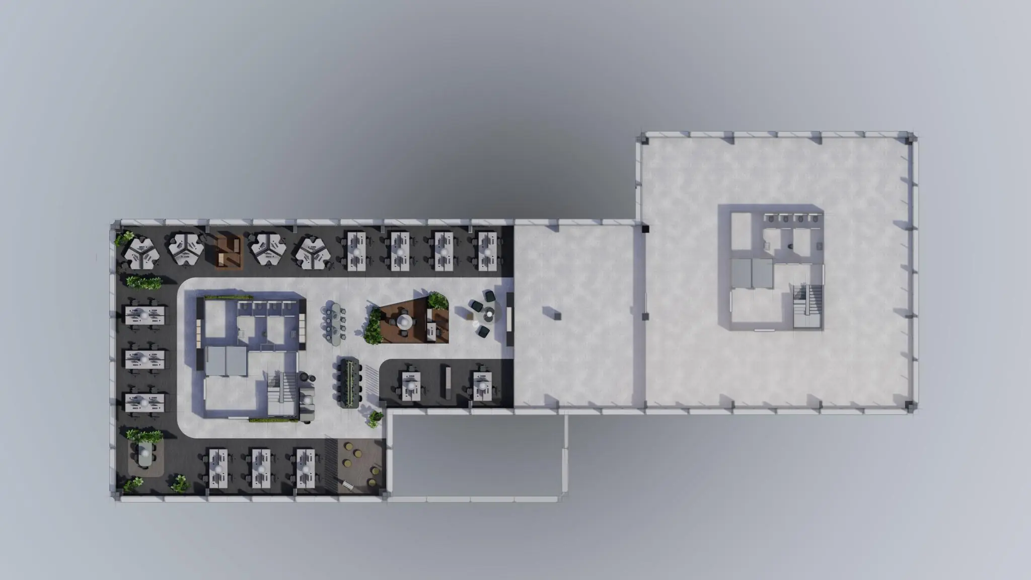 Plattegrond van een modern kantoorpand aan de Marten Meesweg met werkplekken, vergaderruimtes en gemeenschappelijke zones.